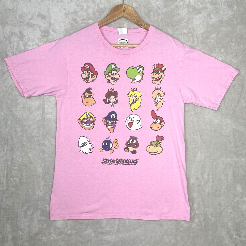 Official Nintendo Super Mario Bro T-Shirt Men's Small Pink Character Grid Geek